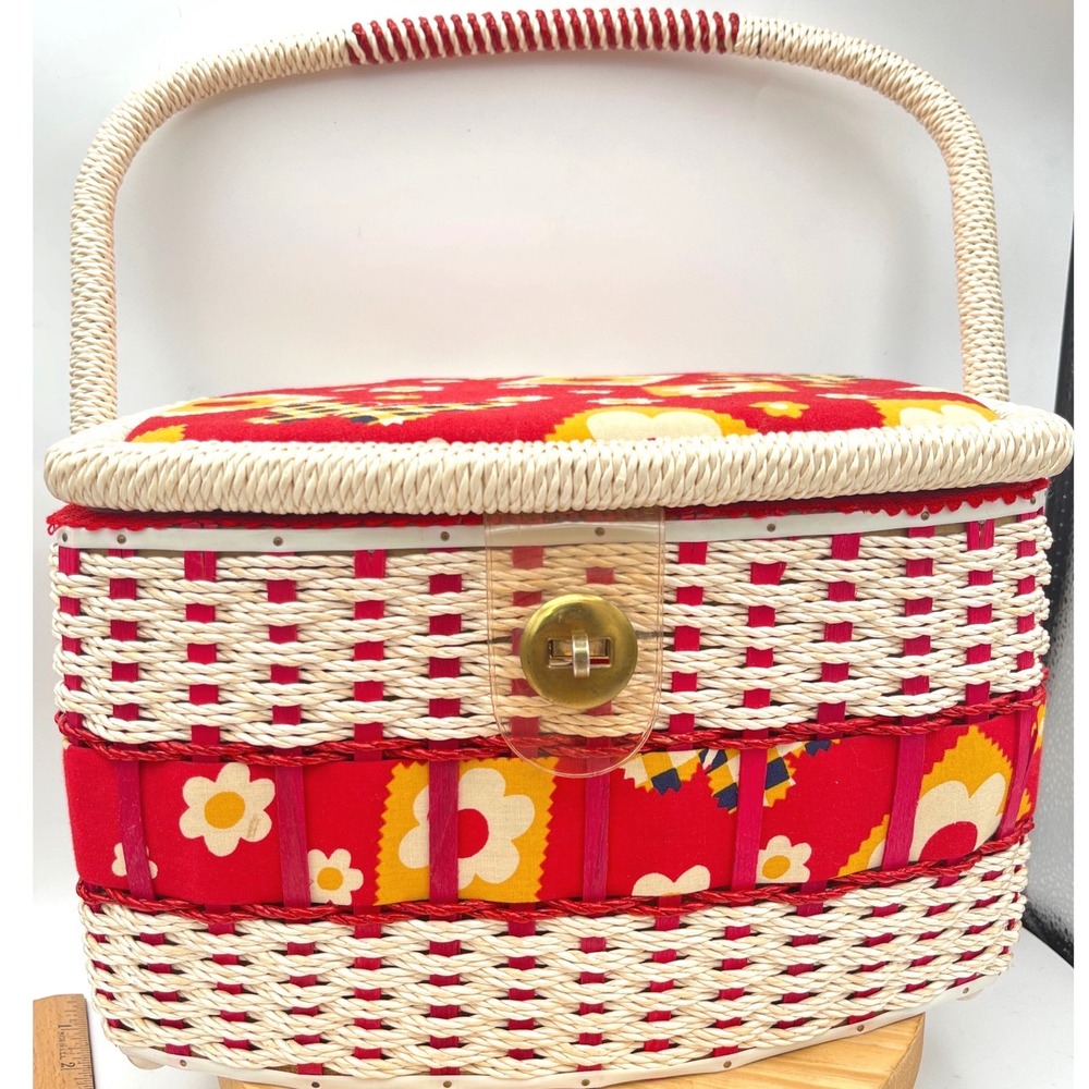 Vtg 70s Wicker Sewing Basket Retro Red Yellow Floral Mid Century Flower Power